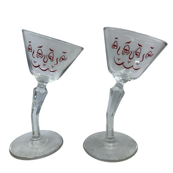 Vintage Gay Fad Tipsy Martini Glass Hand Painted Crooked Stem 1950s Set‎ Of 2 - Picture 1 of 8